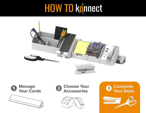 Desk organizer with compartments for scissors, pens, sticky notes; featured with instruction graphics for organizing office supplies.