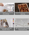 No Fuss Automatic Parrot Food Dispenser Extra Large High Quality Acrylic Bird Feeder For Cage With Smooth Daily Seed Tracking for easy refilling and inclined dispensing.