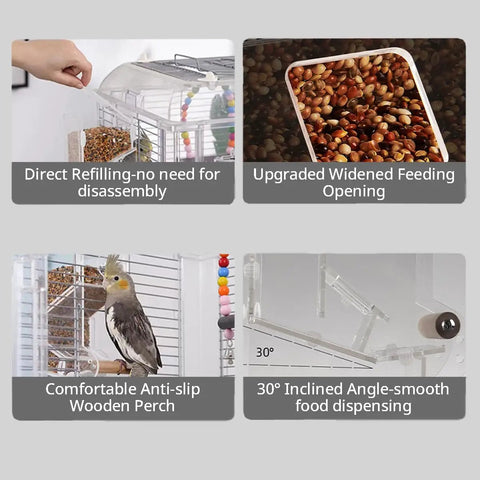 No Fuss Automatic Parrot Food Dispenser Extra Large High Quality Acrylic Bird Feeder For Cage With Smooth Daily Seed Tracking for easy refilling and inclined dispensing.