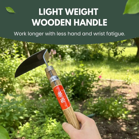 Person holding Hounen Miyawaki Japanese Weeding Sickle Twisted Stainless Kama Weeder With 4.7 Inch Blade And 13 Inch Wood Handle in garden