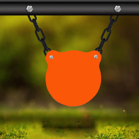 AR500 Steel Gong Target Set With Chains 3/8 Inch Thick 4, 6, and 8 Inch Neon Orange Targets For Outdoor Range Day And Shooting Practice Laser Cut Edges For Smooth Durable Hits Every Time hanging in outdoor setting.