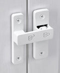 Heavy Duty Barn Door Latches, 180 Degree Swing Gate Lock, Solid Zinc Alloy, Matte White Finish, close-up of latch on doors.