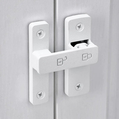 Heavy Duty Barn Door Latches, 180 Degree Swing Gate Lock, Solid Zinc Alloy, Matte White Finish, close-up of latch on doors.