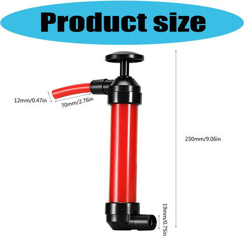 Product size diagram of Grab This Nifty Manual Oil Extractor Pump Suction Tool with red tube, showing dimensions for quick car fluid removal.