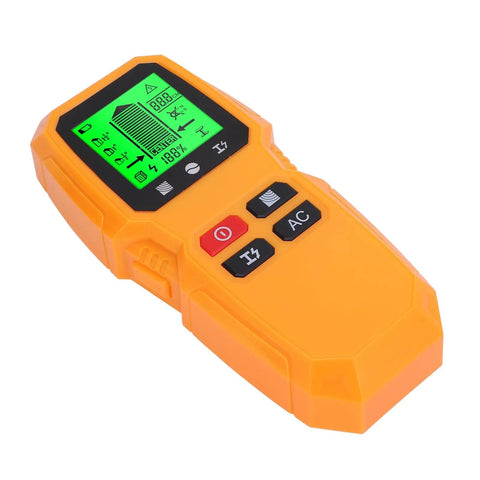 Phefop Wall Scanner Stud Finder 5 in 1 with LCD Display for Cable Metal in orange with buttons and green screen.