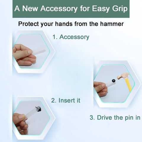 Steps to use Double Headed Push Pins For Wall Hangings And Photo Displays, showing accessory, insertion, and hammer protection.