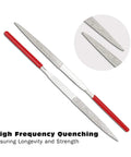 Close-up of Mini Diamond Needle File Set, 10 Piece, 6 Inch Total Length, 150 Grit; high frequency quenching highlight and red handles.