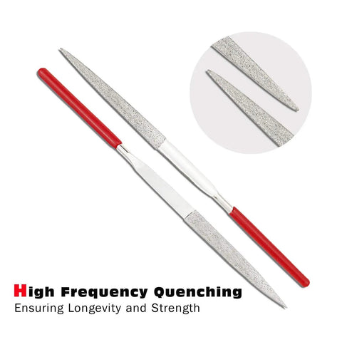 Close-up of Mini Diamond Needle File Set, 10 Piece, 6 Inch Total Length, 150 Grit; high frequency quenching highlight and red handles.