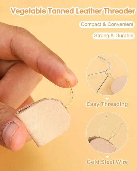Vegetable tanned leather threader being used, highlighting gold steel wire for easy threading, part of Heavy Duty Upholstery And Denim Repair Kit With Blue Sewing Threads For Home DIY Fixes Jeans Jackets Bags Shoes Wallets Includes 15 Upholstery Needles Thread Rack Leather Threaders Thimble And Binder Clips.