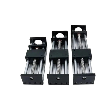 Three CNC Sliding Stage For Z Axis With 50 To 500mm Travel, 12mm Linear Rail, SFU1204 Ball Screw, Nema23 Motor Ready, shown in different sizes