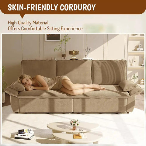 Cozy Corduroy 94.5 Inch Sleeper Sofa Bed 3 In 1 Convertible Couch King Size Pull Out Futon Sofa With Cloud Recliner And Pillow Arm