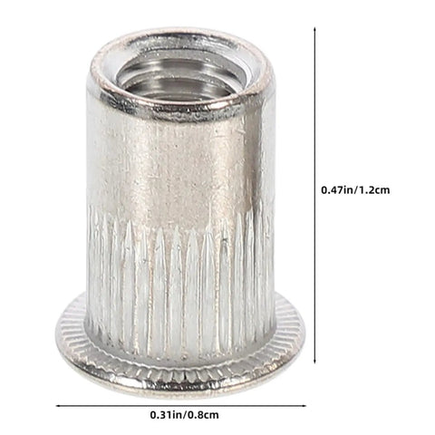 Close-up of an M5 stainless steel flat head rivet nut from the 70 Piece M5 Stainless Steel Flat Head Rivet Nut Kit With Threaded Inserts