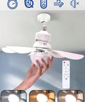 52cm ceiling fan with light, E27 bulb socket (comes with extension rod and) shown in hand with remote control, and adjustable light.