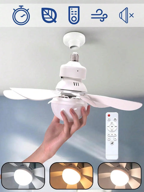 52cm ceiling fan with light, E27 bulb socket (comes with extension rod and) shown in hand with remote control, and adjustable light.