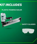 Kit includes Framing Nailer Pro Preferred Pneumatic Tool With Claw Tip Tool Free Depth Adjustment and safety glasses