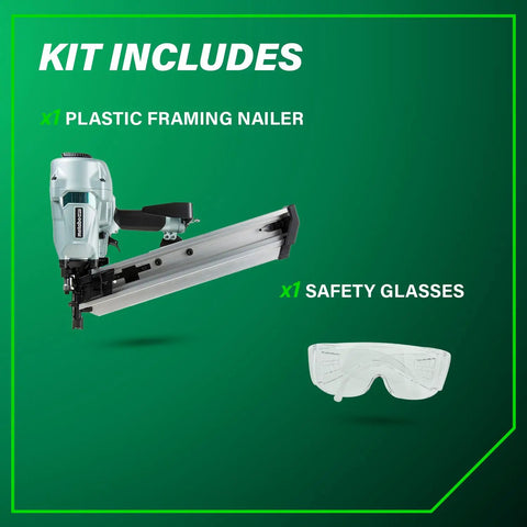 Kit includes Framing Nailer Pro Preferred Pneumatic Tool With Claw Tip Tool Free Depth Adjustment and safety glasses