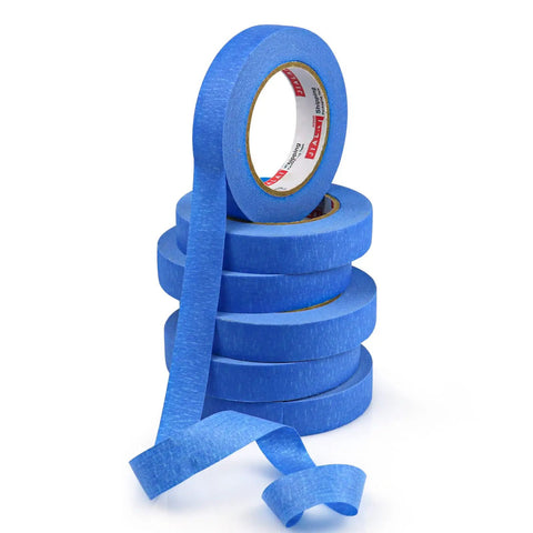 Blue Painter Tape 1 Inch By 60 Yards Six Roll Pack Pro Grade Masking Tape, crepe backing, displayed in a stack with one roll unwound.