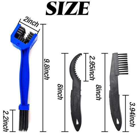 Bike Chain Cleaning Tool Set With Sprocket Scraper Sprocket Brush And Chain Cleaning Brushes shown with dimensions