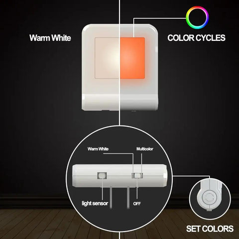Plug In Led Night Light With Smart Dusk To Dawn Sensor Multi Color Changeable Night Lights Super Handy Energy Efficient Night Lamp showing warm white and color cycles with settings for light sensor and color changing options.