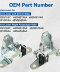 Top Shelf Front Lower Door Hinge Combo For Your Dodge Ram Whip Includes Driver Left And Passenger Right Brackets with OEM part numbers.