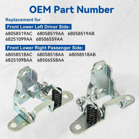 Top Shelf Front Lower Door Hinge Combo For Your Dodge Ram Whip Includes Driver Left And Passenger Right Brackets with OEM part numbers.