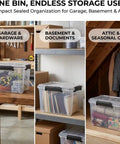 Hella Sturdy 19 Quart Stackable Storage Bin With Airtight Gasket Seal And Clear Body For Reliable Garage Basement Organization And No Sweat Seasonal Supply Hauling, showing tools in garage.