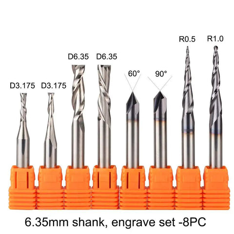 Killer Solid Carbide Router Bits Set For Woodworking Engraving And Milling With 6.35Mm Shank, 8PC, various cutter sizes.