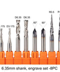 Top Tier Heavy Duty Solid Carbide Router Bit Collection Featuring Precision CNC Compatible End Mill Cutters For Aggressive Wood Carving And Detailed Engraving Projects Hella Sharp 6.35Mm Shank 8 Piece Tool Kit set of 8 router bits with various diameters and shank size.