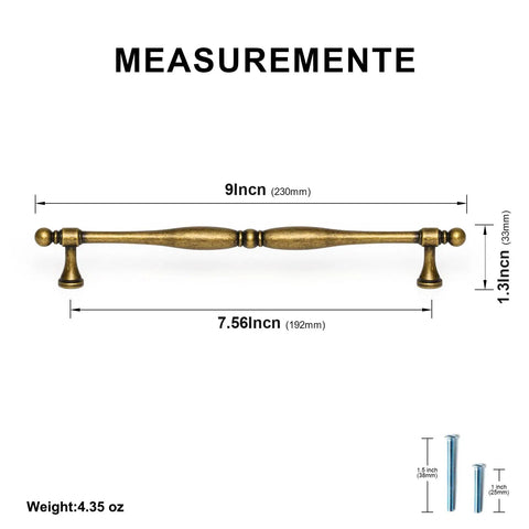 Six Pack Antique Brass Cabinet Pulls With 7.6 Inch Hole Center, showing measurements and brass finish