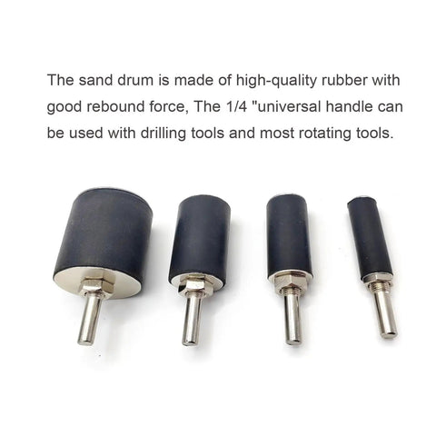 Heavy Hitter Rubber Sanding Drum Kit With Premium Cloth Backed Aluminum Oxide Abrasive Sleeves For Effortless Wood Smoothing and Crisp Profile Work in a No Sweat Twenty Piece Bundle, showing four rubber sanding drums.