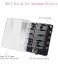 10 Way RV Blade Fuse Block With Bright LED Indicator DC Junction Box Supplying 100 Amp Kickass Protection Cover with clear PC cover.