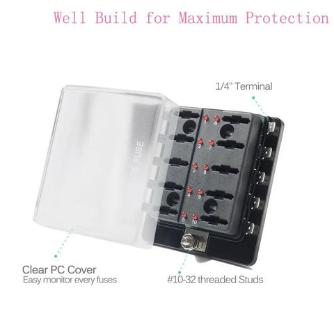10 Way RV Blade Fuse Block With Bright LED Indicator DC Junction Box Supplying 100 Amp Kickass Protection Cover with clear PC cover.
