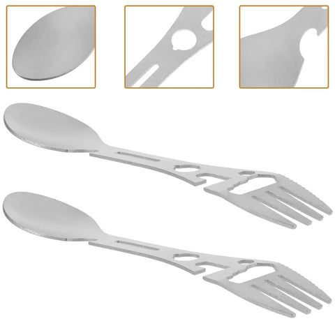 Two Piece Outdoor Spork And Fork Set Made Of Stainless Steel Reusable Flatware With Built In Bottle Opener for hiking and camping
