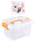 Truly Heavy Duty Clear Plastic Storage Bin With Snug Latching Lid showing orange handles for easy carrying and organization.