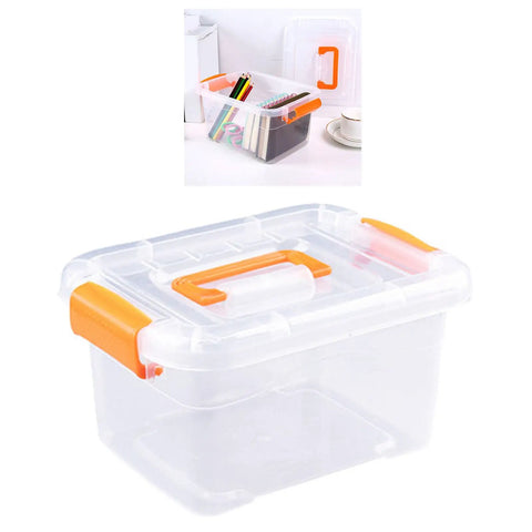 Truly Heavy Duty Clear Plastic Storage Bin With Snug Latching Lid showing orange handles for easy carrying and organization.