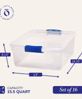 Super Sturdy Clear Under Bed Storage Bins With No Sweat Snap Lids 15.5 Quart Heavy Duty Plastic Organizers. Set of 16, 13"x16.25"x6.13".