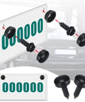 Stainless Steel License Plate Screws and Cap Covers Kit Anti Theft Bolts Fasteners for Cars Trucks SUVs Motorcycles Black 18 Piece Set With Gaskets Weather Resistant displayed with installation illustration.