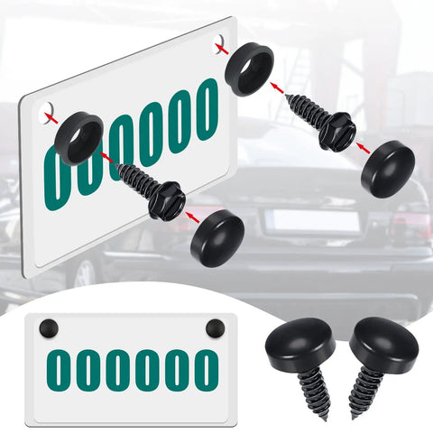 Stainless Steel License Plate Screws and Cap Covers Kit Anti Theft Bolts Fasteners for Cars Trucks SUVs Motorcycles Black 18 Piece Set With Gaskets Weather Resistant displayed with installation illustration.