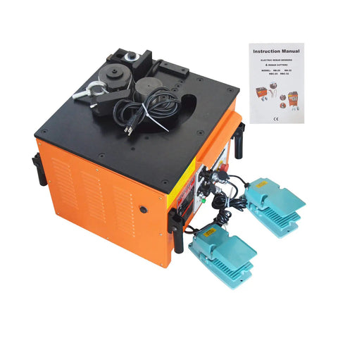 Heavy Duty Electric Rebar Bender Machine 1700W with dual foot pedals and instruction manual, top view for quick access.