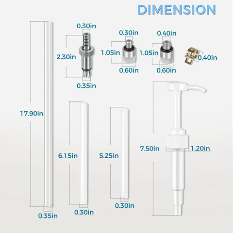 Dimensions of Lower Unit Gear Oil Pump For Standard Quart Bottle With 8cc Manual Fluid Pump and 3 Swivel Adapters shown.