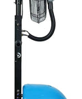 Heavy Duty Misting Floor Fan With Oscillating Pedestal Stand, side view showcasing black and blue design for patios.