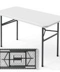 Heavy Duty 4ft Folding Table with Steel Legs, showing white tabletop and foldable steel legs, inset of underside view
