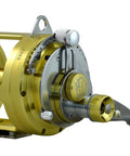 Beefy 50W Two Speed Twin Drag Fishing Reel Big Game Saltwater Trolling, gold anodized finish, stainless gears, side view