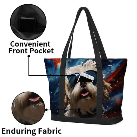 Cool Dog Sunglasses Inspired Canvas Laptop Tote For Women, bag with dog print and convenient front pocket, 14.1 x 20.4 x 4.7 inches