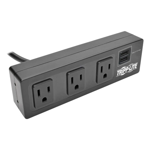 Under Desk Workhorse Three Outlet Surge Protector Power Strip With Desk Clamp And USB Charging Ports Ten Foot Cord 510 Joules Black Insurance Coverage And Lifetime Manufacturer's Guarantee