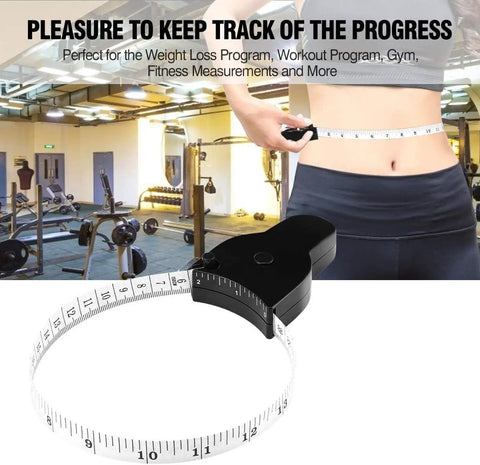 Woman using three piece 60 inch body measuring tape set with self tightening retractable dual sided 150cm telescopic gauge.