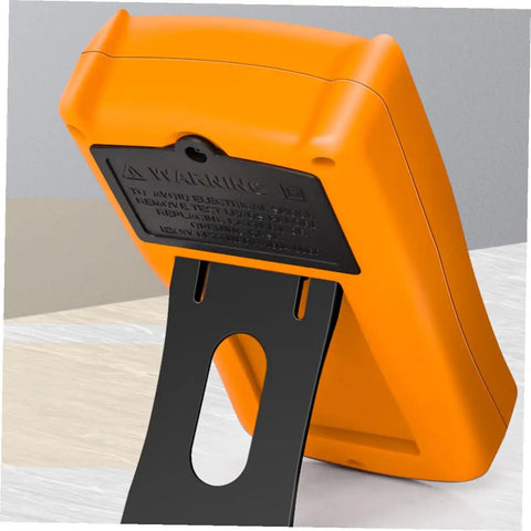 Back view of Dm850 Auto Range Digital Multimeter Handy Handheld Voltage Current Tester with stand, orange casing.