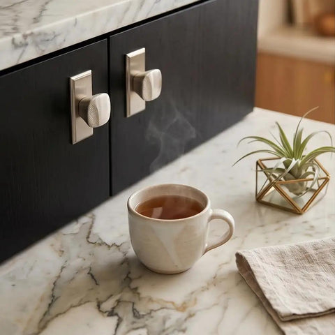 Modern Zinc Alloy Cabinet Knobs With Backplates Round Drawer Knobs for kitchen shown on dark wood cabinet with marble counter