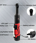 Extended 18V Cordless Ratchet Wrench Kit with Three Eighths Inch Drive, 450 RPM, 60 ft lbs torque, LED light, and battery