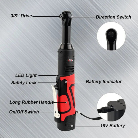Extended 18V Cordless Ratchet Wrench Kit with Three Eighths Inch Drive, 450 RPM, 60 ft lbs torque, LED light, and battery